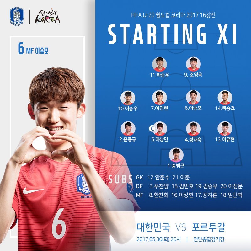 [U20월드컵] 대한민국 선발 라인업 (vs 포르투갈) | 인스티즈