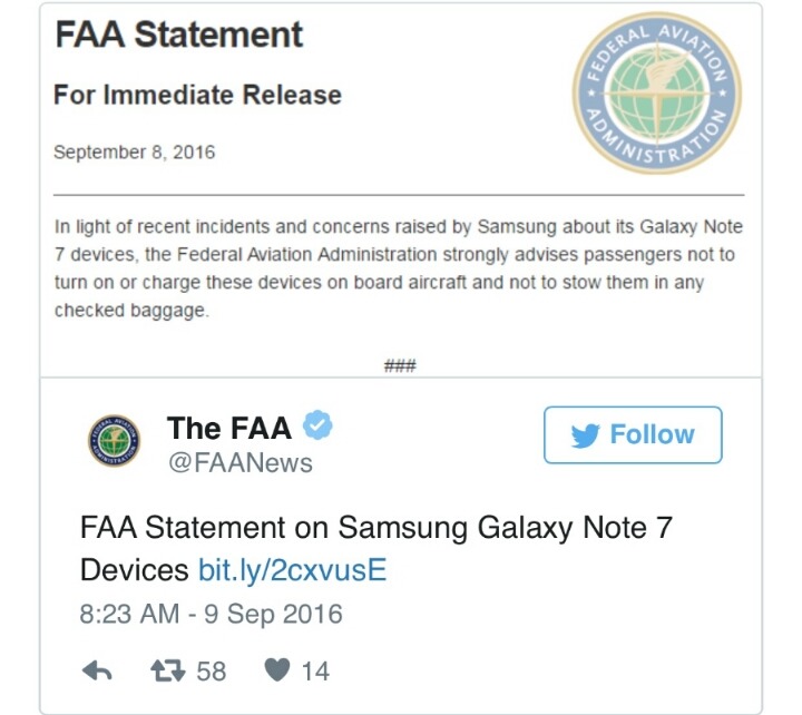 노트7 관련 FAA 공식 입장 발표 | 인스티즈