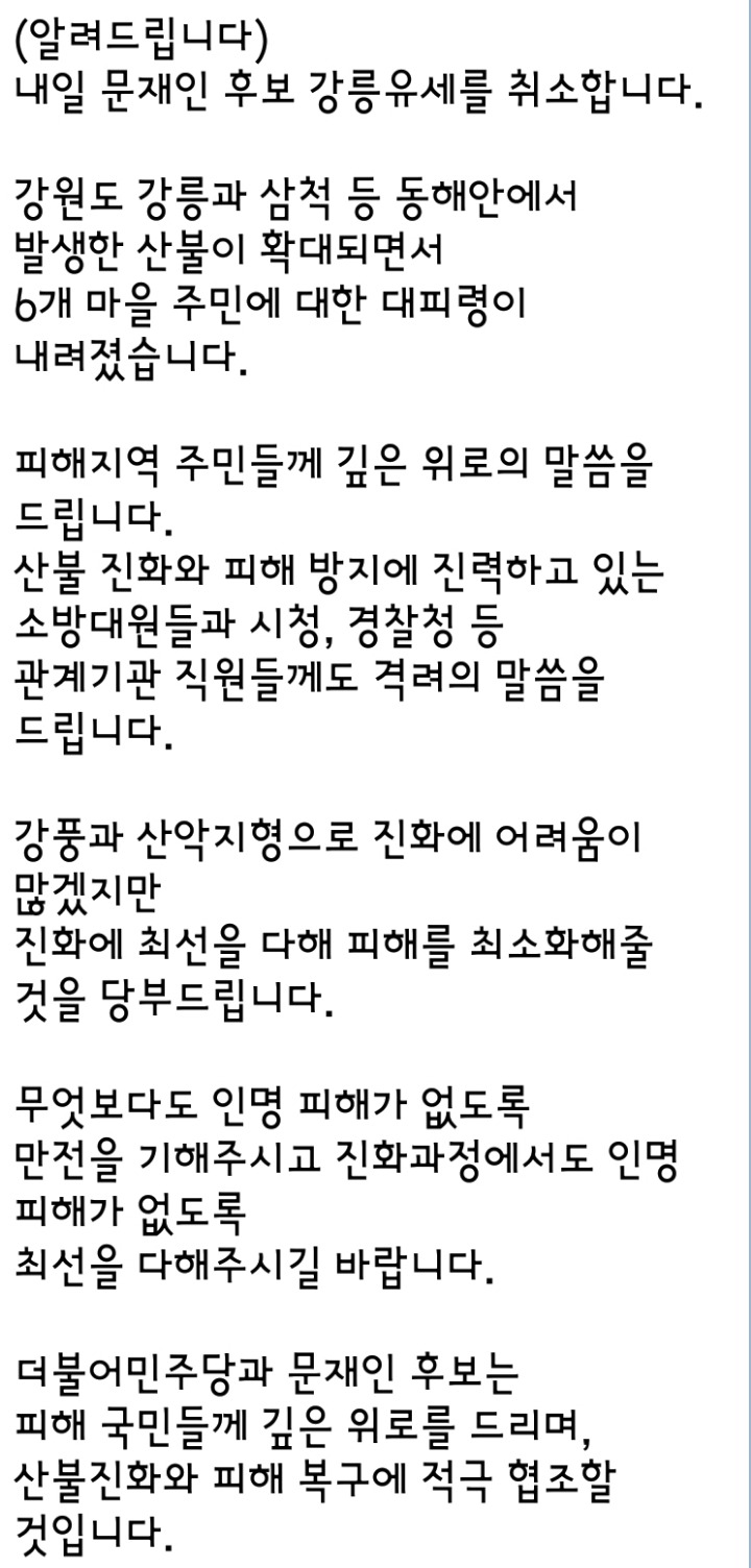 문재인 후보 강릉유세 취소.jpg | 인스티즈